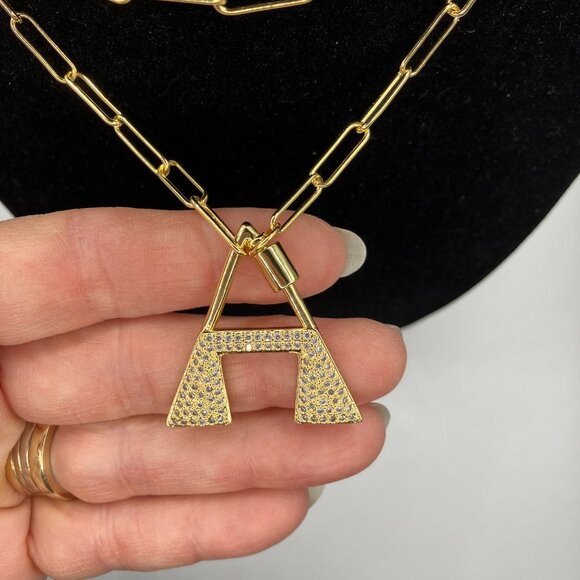 Brass Letter "A" Pendant Cubic Zirconia adjustable 20 inch Paper Clip Chain NEW - Picture 3 of 12
